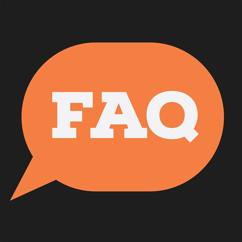 White FAQ in orange speech bubble on black background